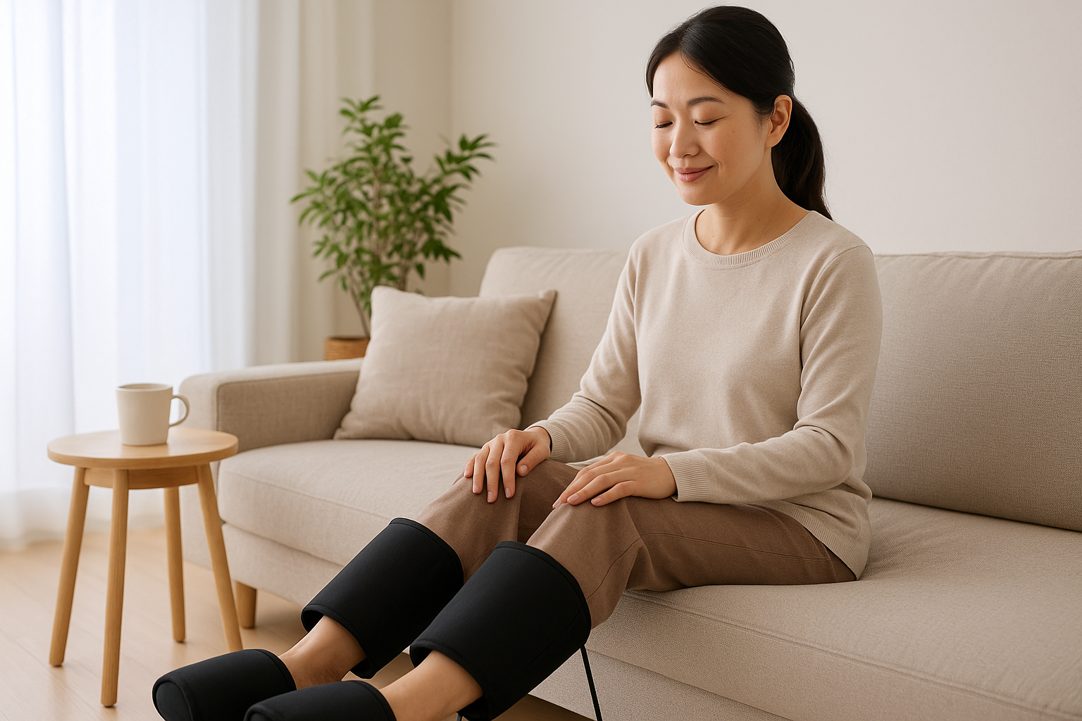 소파에 앉아 종아리 마사지기를 하는 40대 가정 주부의 모습